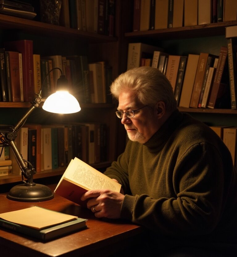 A man reading at a desk surrounded by books, representing the reflective process through which Mark Stevenson reviews books.