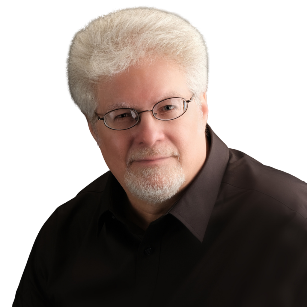 A focused portrait of author Mark A. Stevenson, shown with white hair and beard against a dark backdrop.